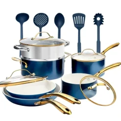 Online 1855 Gotham Steel Blue/Cream Gold Handles 15 Piece Cookware Set - cozylivehome.com | we sell a wide range of comfortable household items Housewares