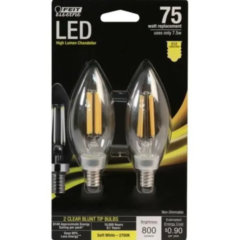 Feit 75W LED 27K Blunt Tip Filament Candelabra Base 800L 10,000H 2 Pack - cozylivehome.com | we sell a wide range of comfortable household items^ Shop All