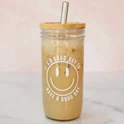 GLASS TUMBLER W/BAMBOO TOP AND STRAW GOOD DAY 22OZ - cozylivehome.com | we sell a wide range of comfortable household items^ Shop All