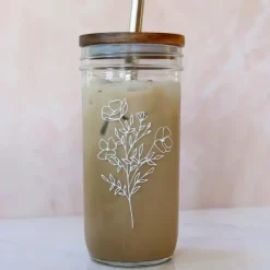 GLASS TUMBLER W/BAMBOO TOP AND STRAW FLORAL 22OZ - cozylivehome.com | we sell a wide range of comfortable household items^ Shop All
