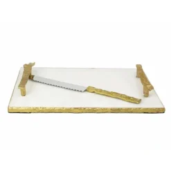 JKGC21 Rectangular White Marble Challah Tray with Embossed Gold Handles-15"L x 10"W - cozylivehome.com | we sell a wide range of comfortable household items^ Shop All