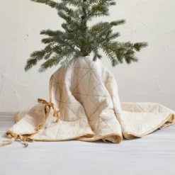 Clearance Quilted Cotton & Linen Tree Skirt w/ Gold Embroidery - cozylivehome.com | we sell a wide range of comfortable household items Shop All