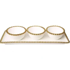 Online WPR520 Porcelain White relish dish with 3 round bowls with Gold Beaded Design-m 14.5"L x 6"W x 3"H - cozylivehome.com | we sell a wide range of comfortable household items Giftware