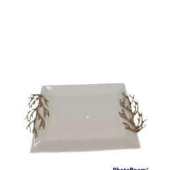 Store WRT2471 White Rectangular Tray W/ Gold Coral Design Handles 18.5"L 7.8"W - cozylivehome.com | we sell a wide range of comfortable household items Giftware
