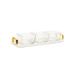 Hot WSD2878 3 Bowl Serving Dish White Tray with Glass Bowls Gold Trimmed - 13.5"L x 4.25"W - cozylivehome.com | we sell a wide range of comfortable household items Giftware